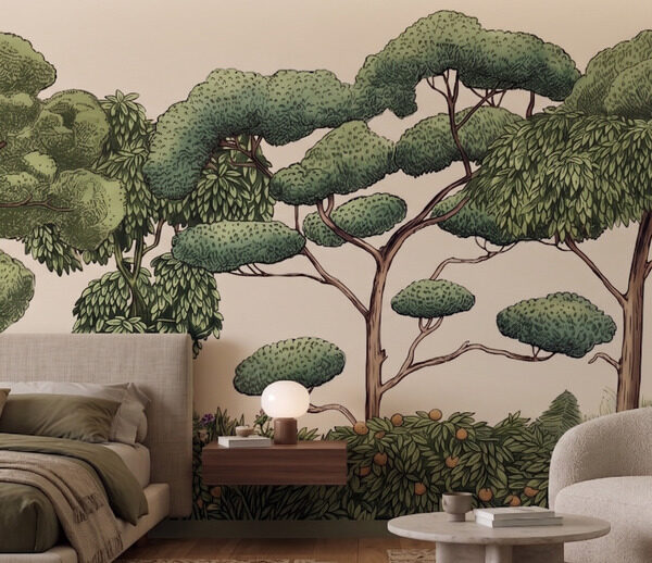 A detailed forest mural featuring lush green trees and layered foliage on a warm beige background.