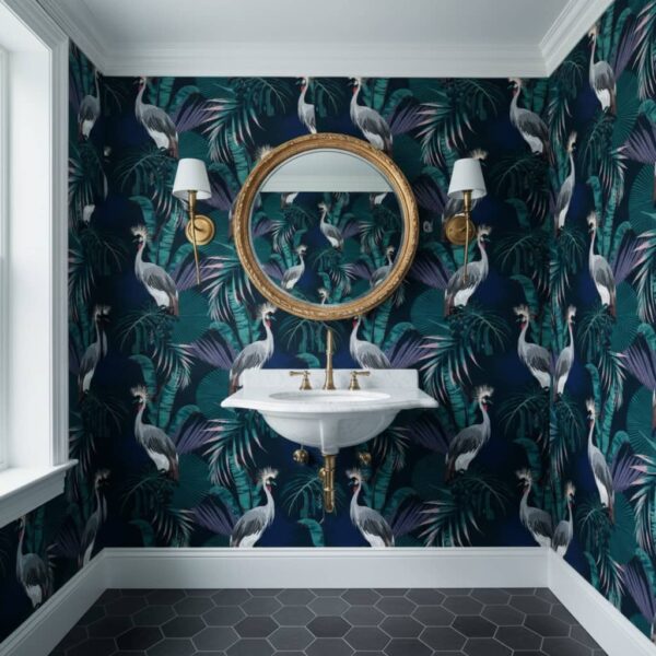 Deep Attraction - This stunning mural features majestic crowned cranes nestled among lush tropical foliage in jewel-toned