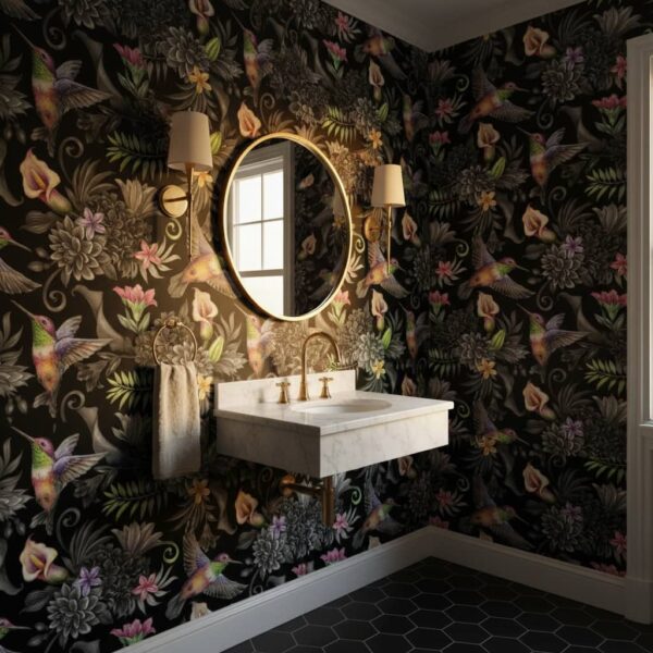 Flat -Chroma Flights - Transform your space with vibrant hummingbirds in flight surrounded by stunning florals in jewel