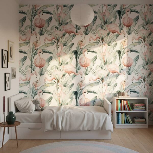 Hello my Friend - This enchanting wallpaper features delicate watercolor flamingos nestled among lush palm leaves in soft