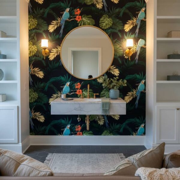 Hibiscus Melody - This stunning tropical wallpaper brings vibrant parrots and exotic hibiscus flowers to life against a