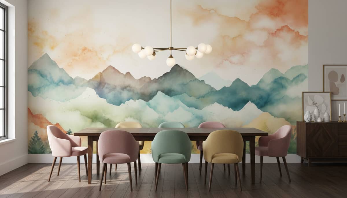 Serene Watercolour Peaks mural in a Statement Dining Room room