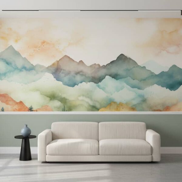 Serene Watercolour Peaks mural in a Modern Minimalist room