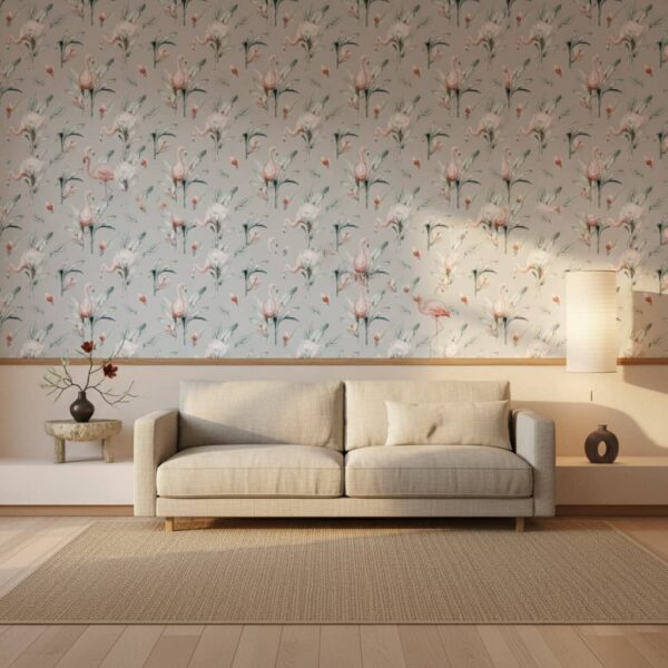 Peeping Honk - Delicate watercolor flamingos and botanical elements dance across a serene gray backdrop, creating a