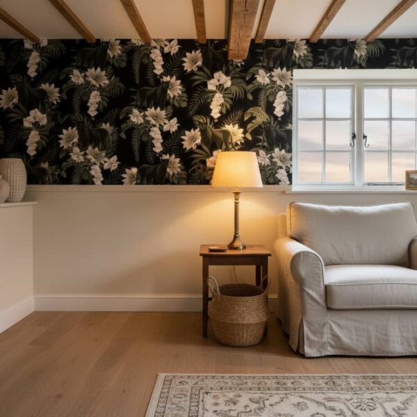 Reverence in Panther - This stunning peel & stick wallpaper features elegant white flowers and lush green foliage set