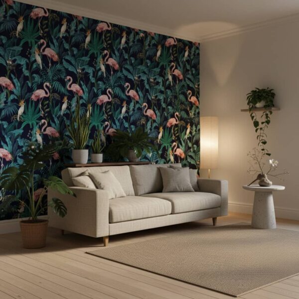 Runway Jungle - This vibrant tropical wallpaper brings the jungle indoors with graceful flamingos, exotic parrots, and lush