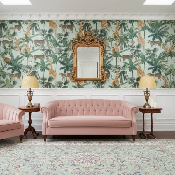 Spotted Longnecks - This sophisticated tropical wallpaper features graceful giraffes and leopards among lush palm foliage,