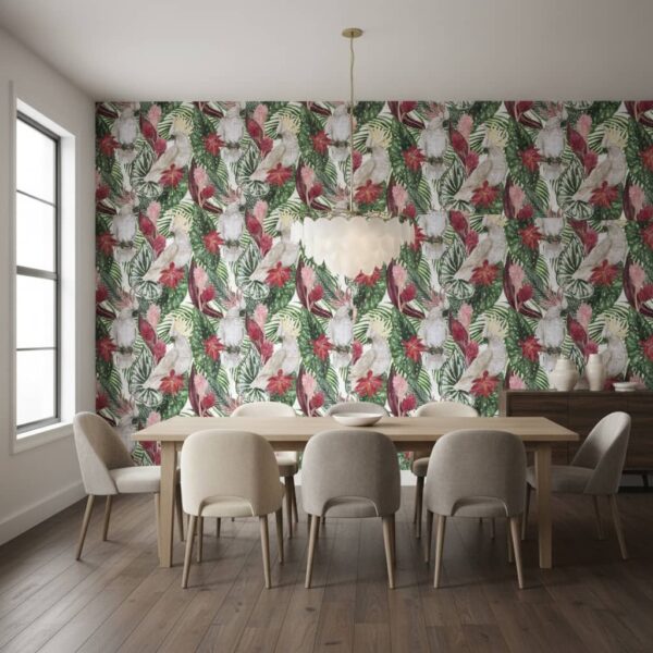 Two Cockatoos - Transform your space with this stunning tropical wallpaper featuring two elegant white cockatoos surrounded