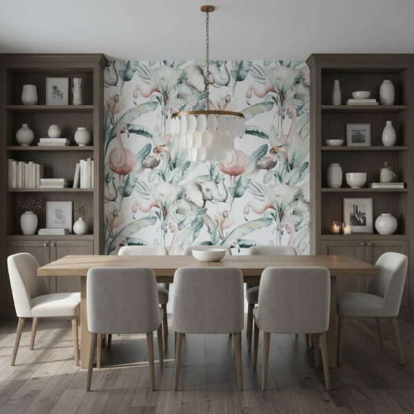 Unique Conservatory - This enchanting watercolor design features a gentle elephant surrounded by tropical flamingos and lush