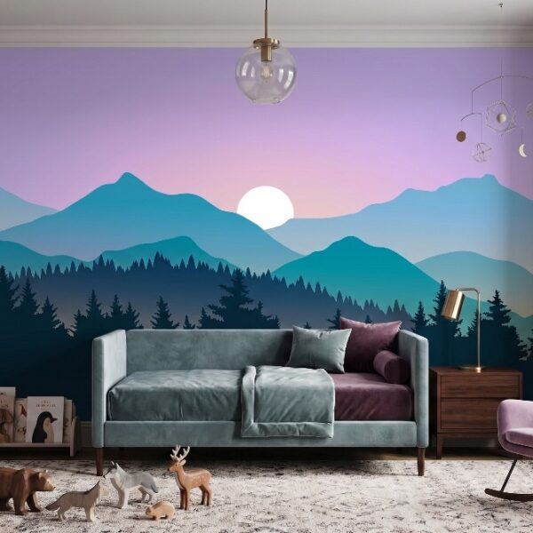 A zoomed-in of soft blue mountain peaks and sunrise gradients creating a peaceful nature mural