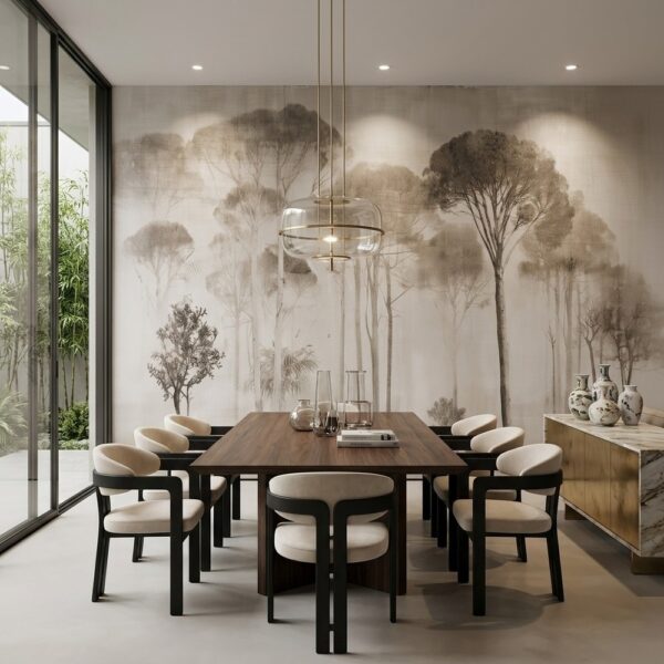 view of the Etched Signal Tree Hills Mural in a contemporary lounge with warm architectural lighting.