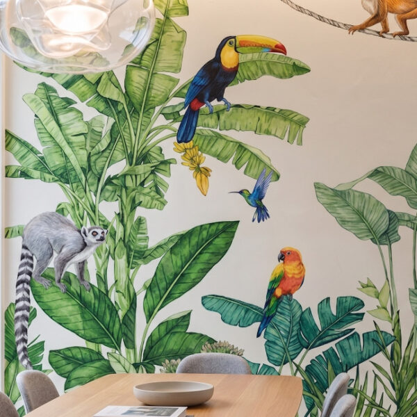 A zoomed-in view of the Jungle Canopy Mural installed in a modern dining space.