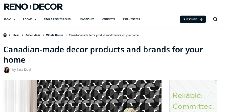 Wallpaper Online Canada in the Media | Peel & Stick Wallpaper Online | Proudly Made in Canada Wallpaper Online featured in Reno + Decor for Canadian made decor products