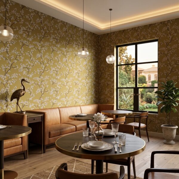Willow Blossom Ochre - Canadian-made peel and stick wallpaper for living room and dining room walls