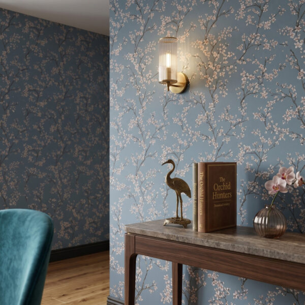 Blue blossom wallpaper in a styled interior.