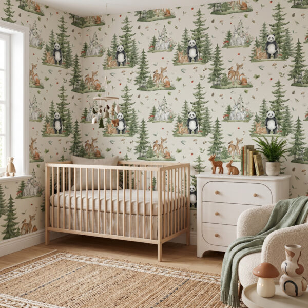 Cozy baby nursery decorated with Woodland With Friends Wallpaper on light neutral walls.