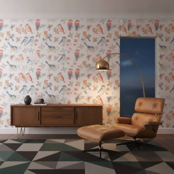 Birds of a Feather Wallpaper wallpaper in a Mid-Century Modern room