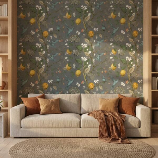 Brisk Lemons Wallpaper wallpaper in a Japandi room