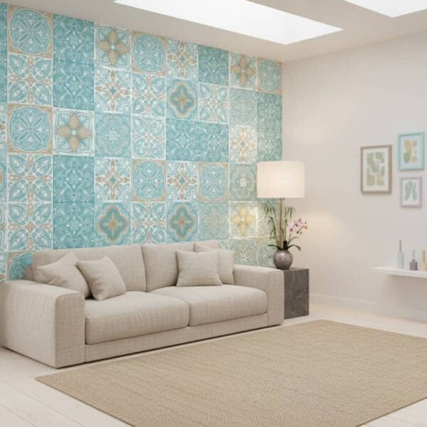 Cerceta Tile Wallpaper wallpaper in a Japandi room