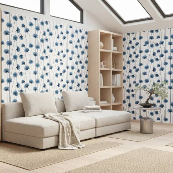 Drop Line Daisy Wallpaper wallpaper in a Japandi room