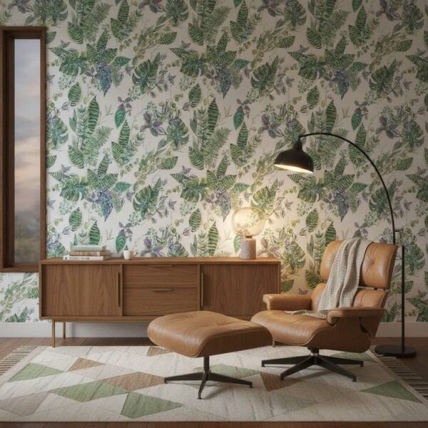 Elena White Wallpaper wallpaper in a Mid-Century Modern room