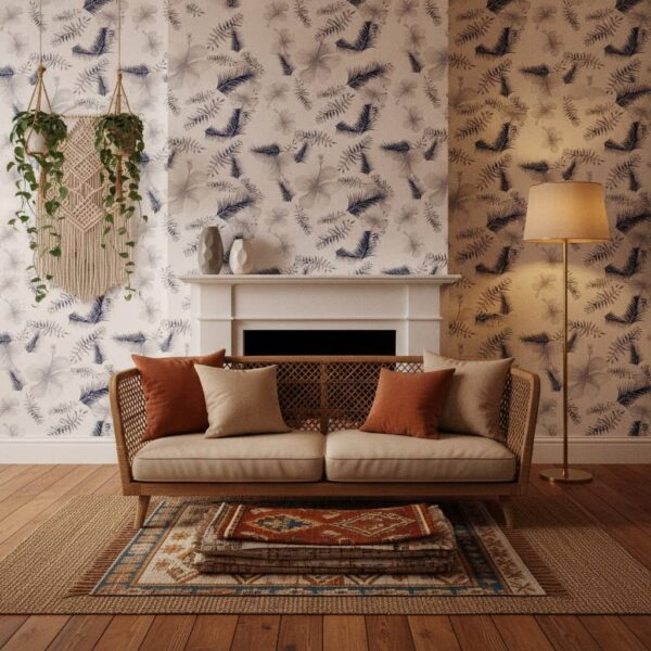 Manzanillo Watercolour Blue Wallpaper wallpaper in a Bohemian room