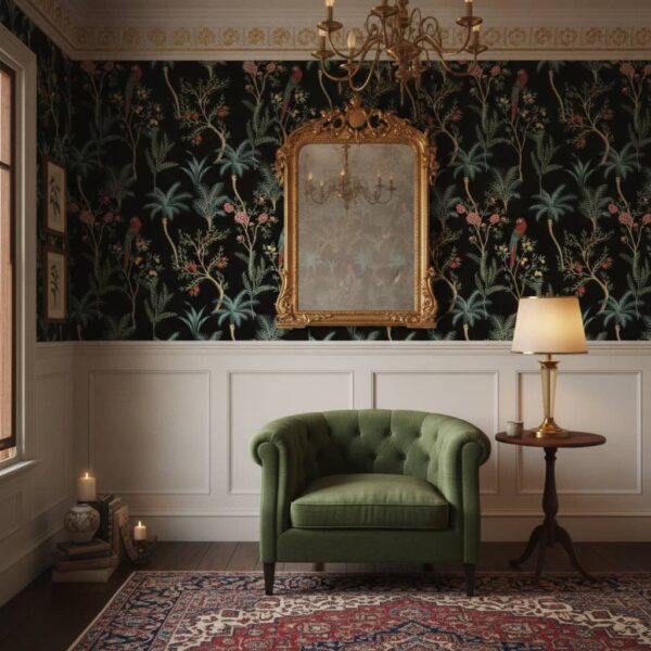 Midnight Macaw Wallpaper wallpaper in a Classical / Traditional room