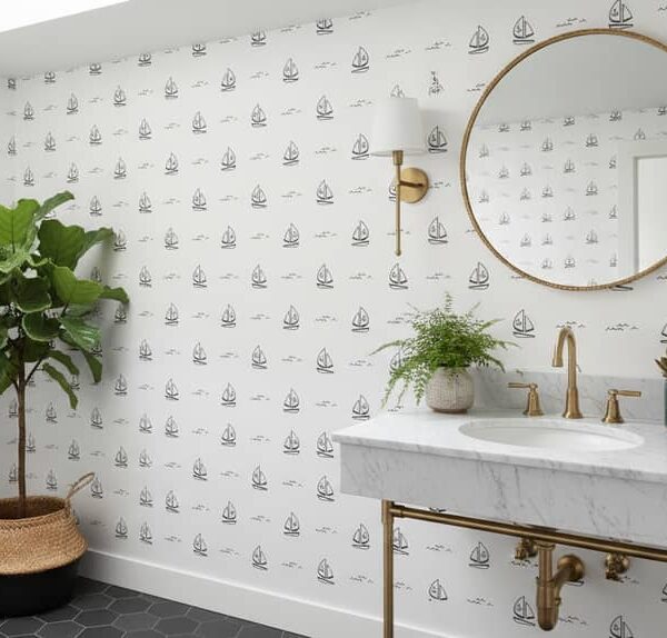 Monochrome Sailing Wallpaper wallpaper in a Powder Room room
