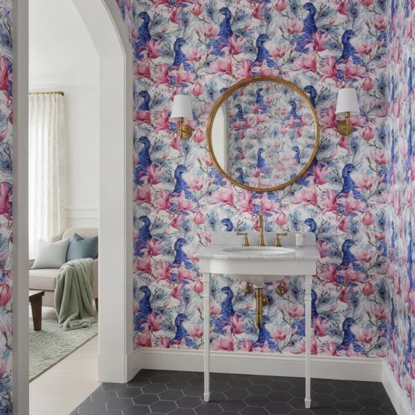 Peahen Plum Wallpaper wallpaper in a Powder Room room