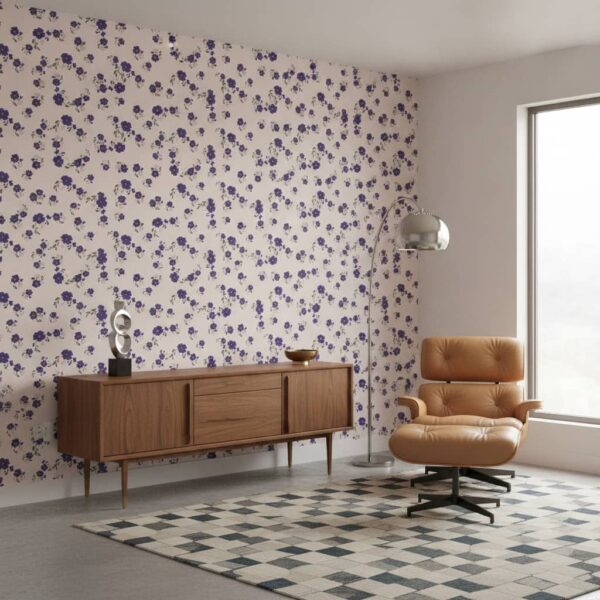 Purple Blossoms Wallpaper wallpaper in a Mid-Century Modern room