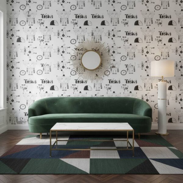 Stanley The Robot Black & White Wallpaper wallpaper in a Art Deco room