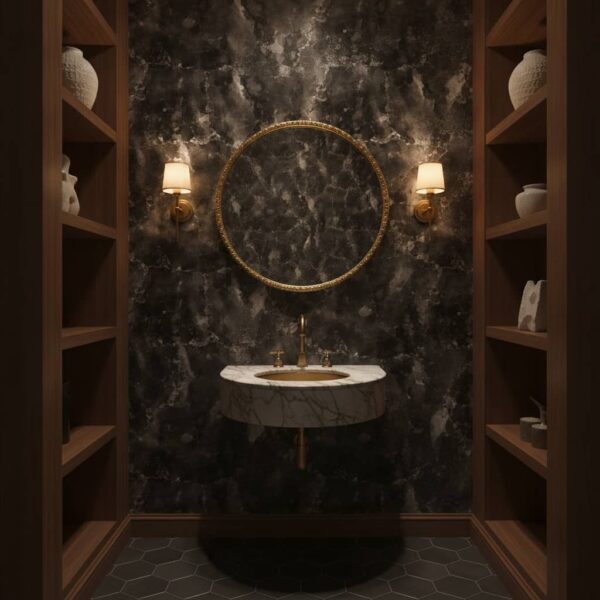 Tacita Marble Wallpaper wallpaper in a Powder Room room