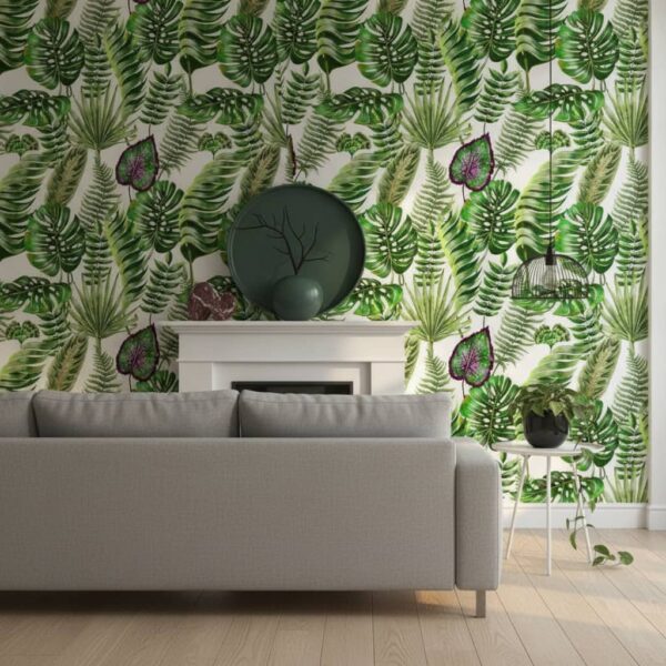 Tantalize Tropical Leaves Wallpapers wallpaper in a Scandinavian room