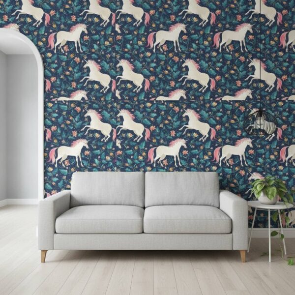 Unicorn Inspired Garden Wallpaper wallpaper in a Scandinavian room