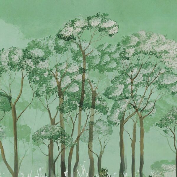 Non-woven and peel and stick wallpaper explained | Peel & Stick Wallpaper Online | Proudly Made in Canada Misty Forest Canopy, forest trees in green, white and brown mural - Wallpaper Online Canada
