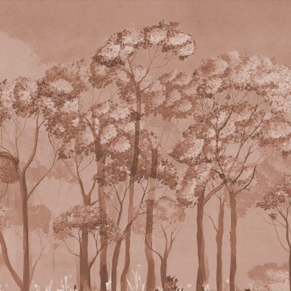 Non-woven and peel and stick wallpaper explained | Peel & Stick Wallpaper Online | Proudly Made in Canada Dusty Eucalyptus Treeline, eucalyptus forest scene in terracotta and blush mural - Wallpaper Online Canada