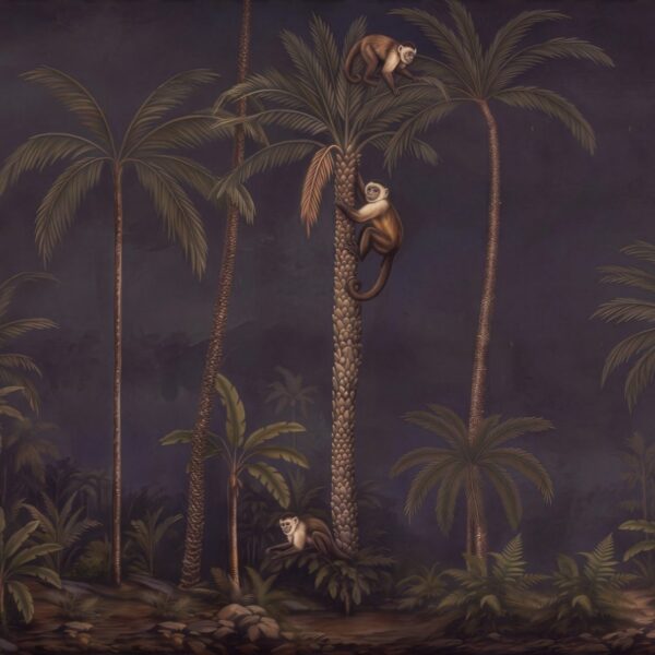 Non-woven and peel and stick wallpaper explained | Peel & Stick Wallpaper Online | Proudly Made in Canada Midnight Palm Monkeys, monkeys climbing palm trees in charcoal olive and brown mural - Wallpaper Online Canada