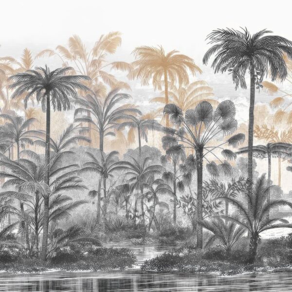 Gilded Palm Grove, palm trees in charcoal gold and ivory mural - Wallpaper Online Canada