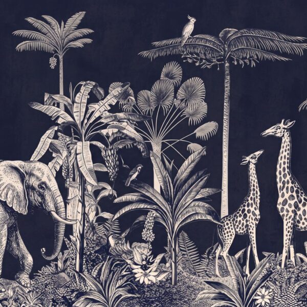 How to Use the Wallpaper Room Visualiser | Peel & Stick Wallpaper Online | Proudly Made in Canada Midnight Jungle Safari, elephant and giraffes in navy and ivory mural - Wallpaper Online Canada