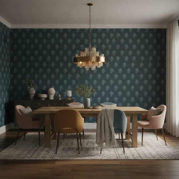 Block Print Tulips on Teal wallpaper in a Statement Dining Room room
