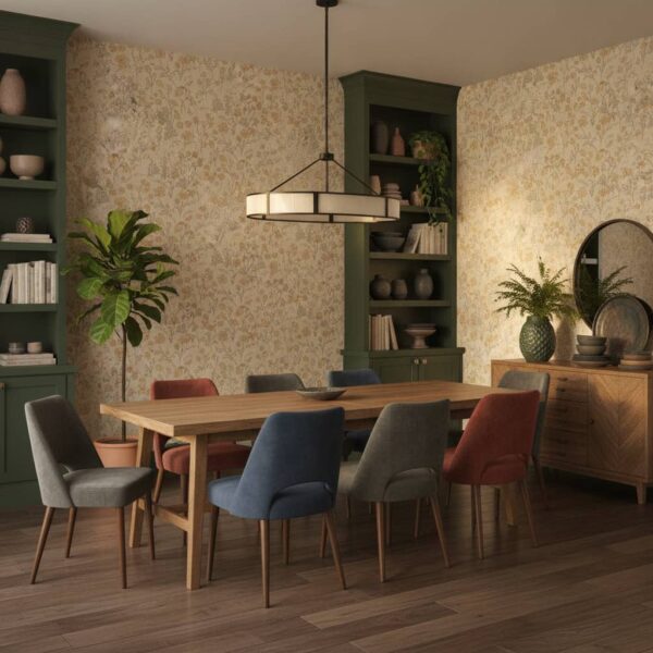 Botanical Wildflowers Peach Yellow and Ivory wallpaper in a Statement Dining Room room