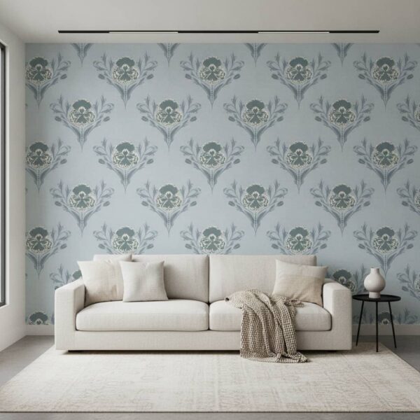 Damask Floral - Dusty Blue wallpaper in a Modern Minimalist room