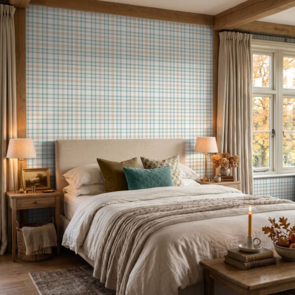 Heirloom Plaid Wallpaper shown in a room
