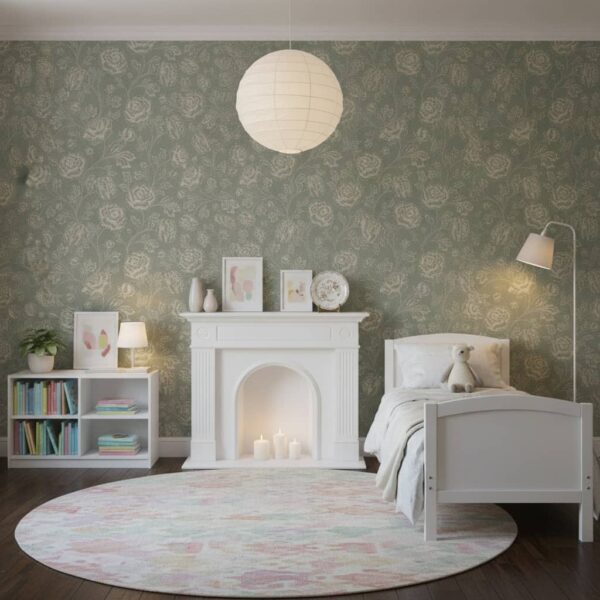 Magdalene Roses in Vintage Sage Green wallpaper in a Children's Room room