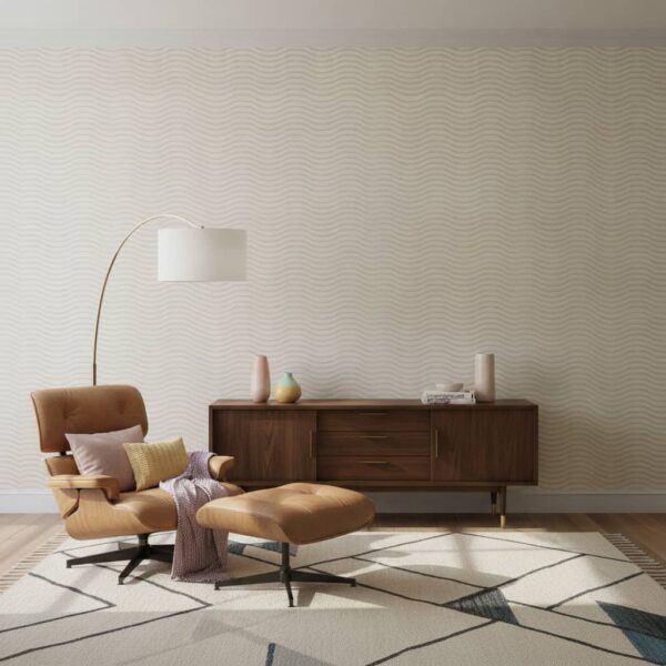Serene Currents Wabi Sabi Wheat on Porcelain wallpaper in a Mid-Century Modern room