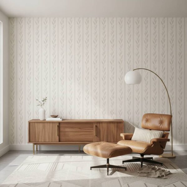Beige Leaves with Pinstripes on Ivory wallpaper in a Mid-Century Modern room
