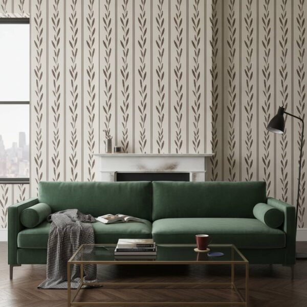 Brown Leaves with Pinstripes on Ivory wallpaper in a NYC Apartment room