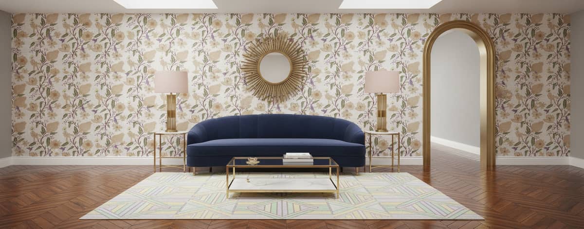 Cottagecore Fall Vines Ivory and Lavender wallpaper in a Art Deco room