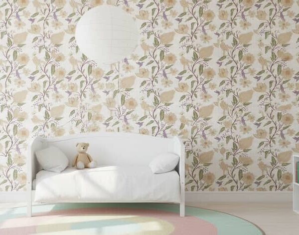 Cottagecore Fall Vines Ivory and Lavender wallpaper in a Children's Room room