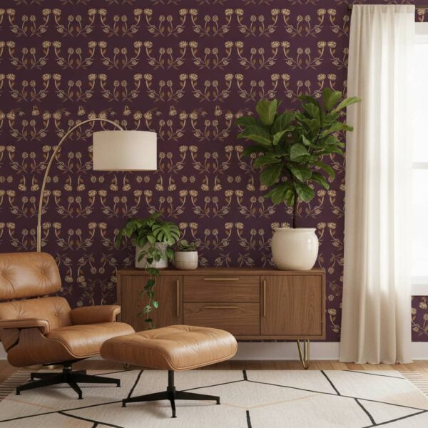 Cream Flower and Golden Leaves on Burgundy Background wallpaper in a Mid-Century Modern room